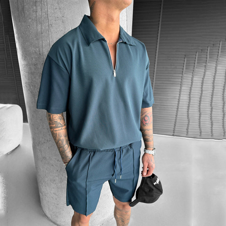 Men's Zipper Polo Casual Short-sleeved Shorts Suit