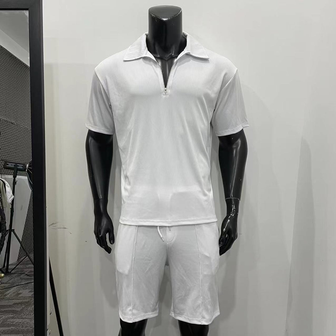 Men's Zipper Polo Casual Short-sleeved Shorts Suit