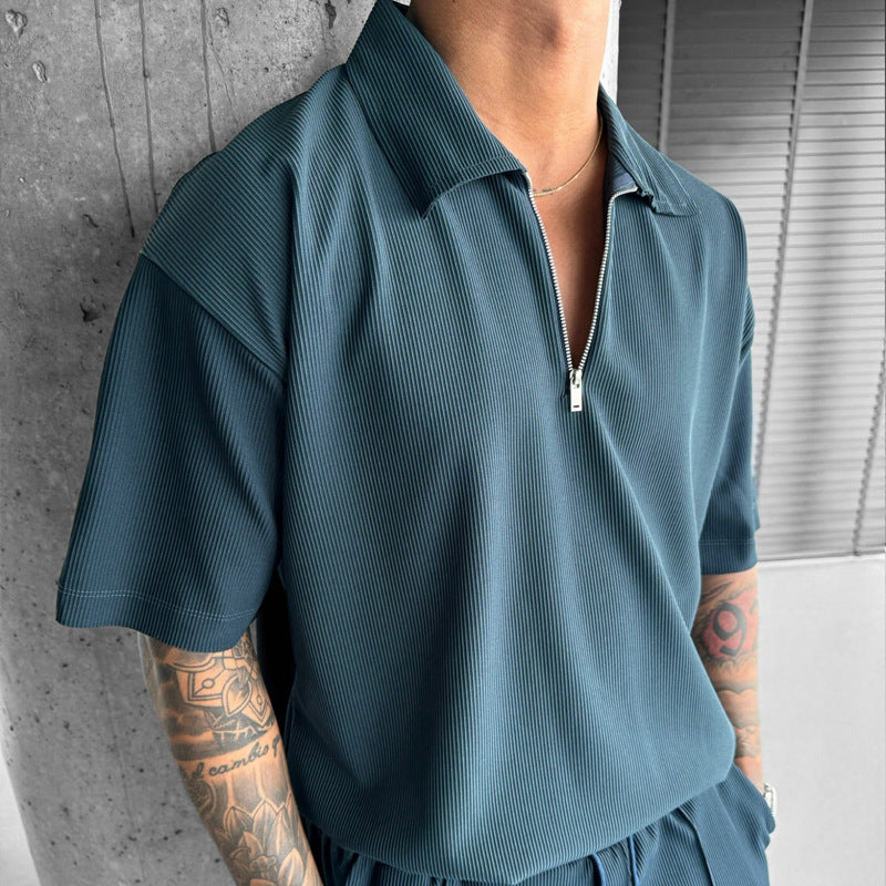 Men's Zipper Polo Casual Short-sleeved Shorts Suit