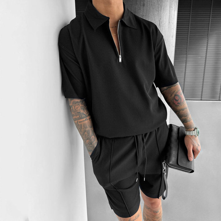 Men's Zipper Polo Casual Short-sleeved Shorts Suit